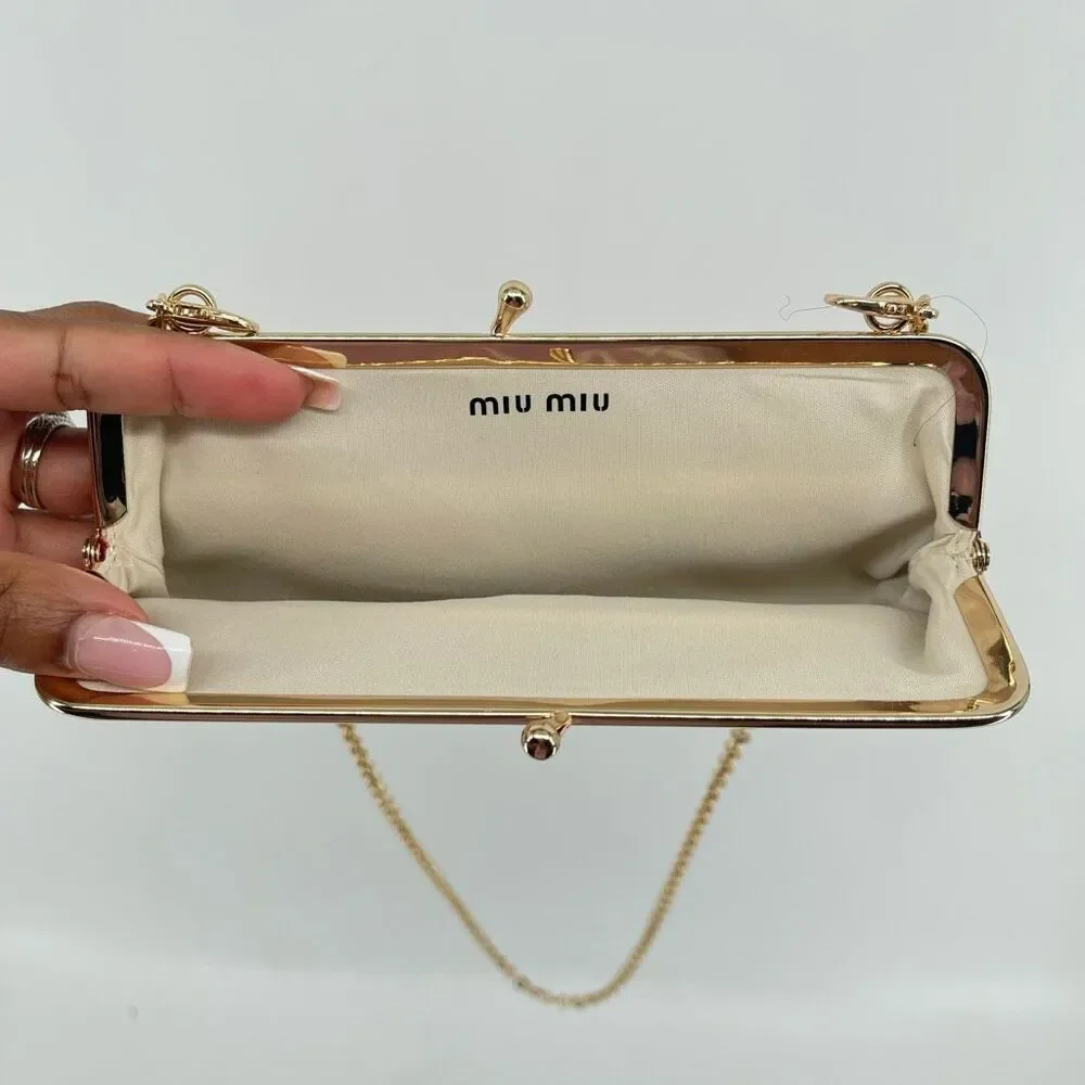 Heart Print Kiss Lock Clutch Crossbody Bag Red Cream Gold Chain Canvas Romantic